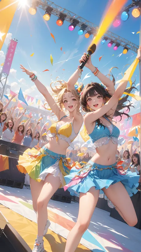 masterpiece, best quality, ultra detailed, highres, 16k, photorealistic, outdoor stage, university festival, all-female band, li...