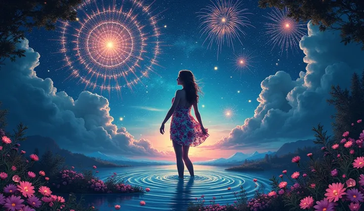 In a world of illusions, where the night flashes with magic, , the full-length silhouette of a gorgeous woman is filled with flo...
