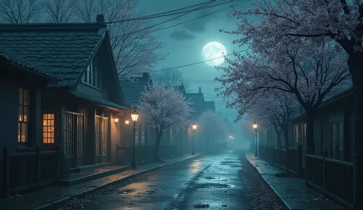 A deserted small town street at night, soft blossoms drifting in the air, trees blooming under an unnatural moonlight. Whispers ...