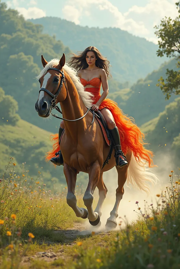 A big  girl ride on horse , horse is running and she wear tight brazzer dress background green land trees morning fog 