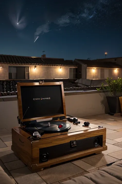 Record player on a roof terrace with starry skies, done with a digital style painted,  The view from above 