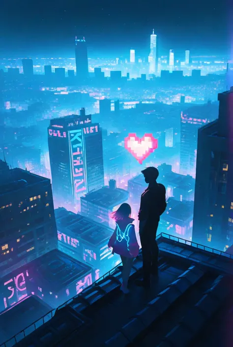 romantic cityscape, two figures on rooftop, silhouette of a man and a woman, facing toward city skyline, night sky, large pixela...