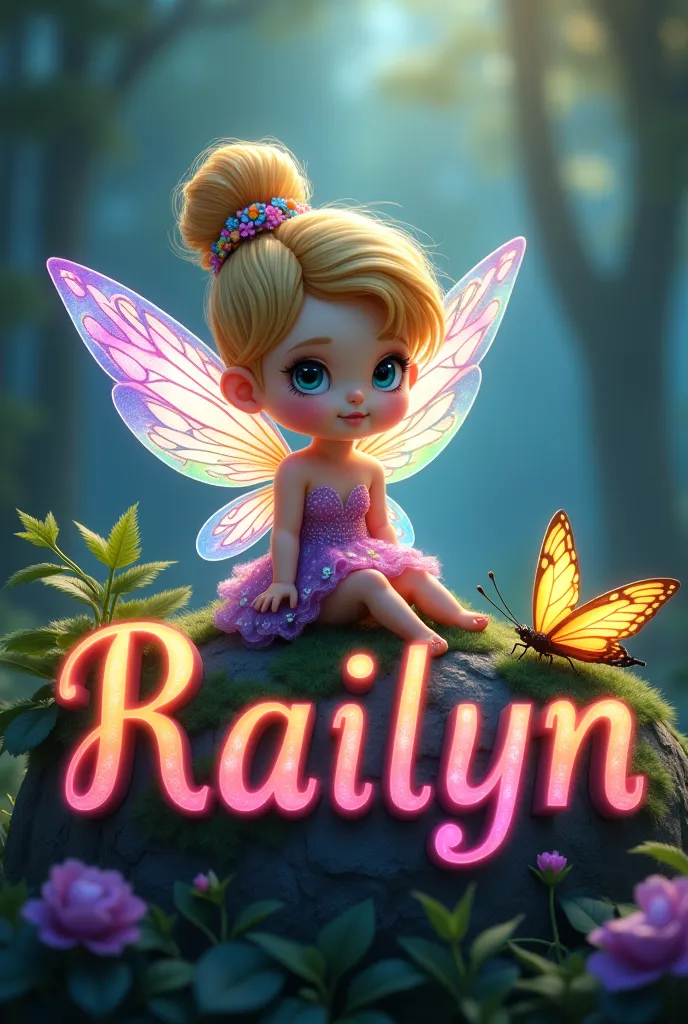 A cinematic, high-definition illustration of a chibi Tinkerbell fairy. She is sitting atop the name "Railyn" vibrant, colorful l...