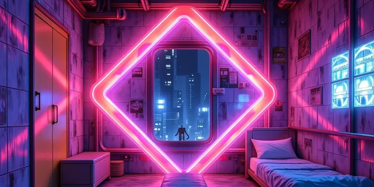 利用動畫電影的畫風呈現neon lights臥室，A Future-Free Space，A Dynamic Light，{x} Window，neon lights