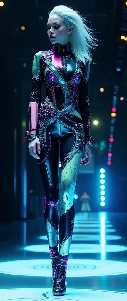 A tall androgynous asthenic supermodel on the catwalk demonstrates a futuristic high-tech suit from the year 3025, combining bio...