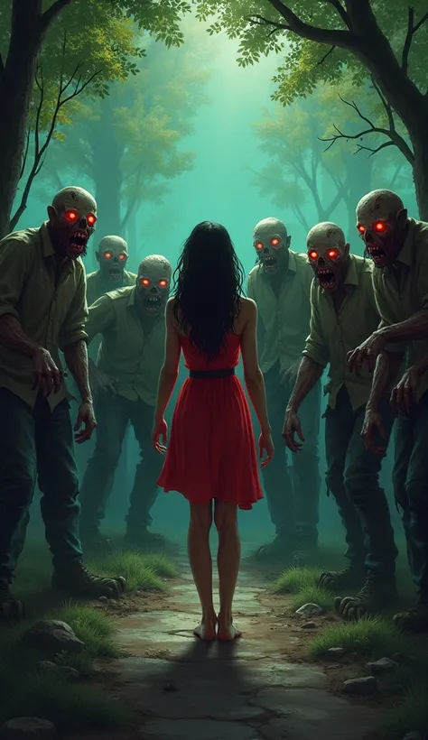 In a quiet corner of the park stood a  in a red dress—alone and scared.
The zombies surrounded her, eyes glowing, faces full of ...