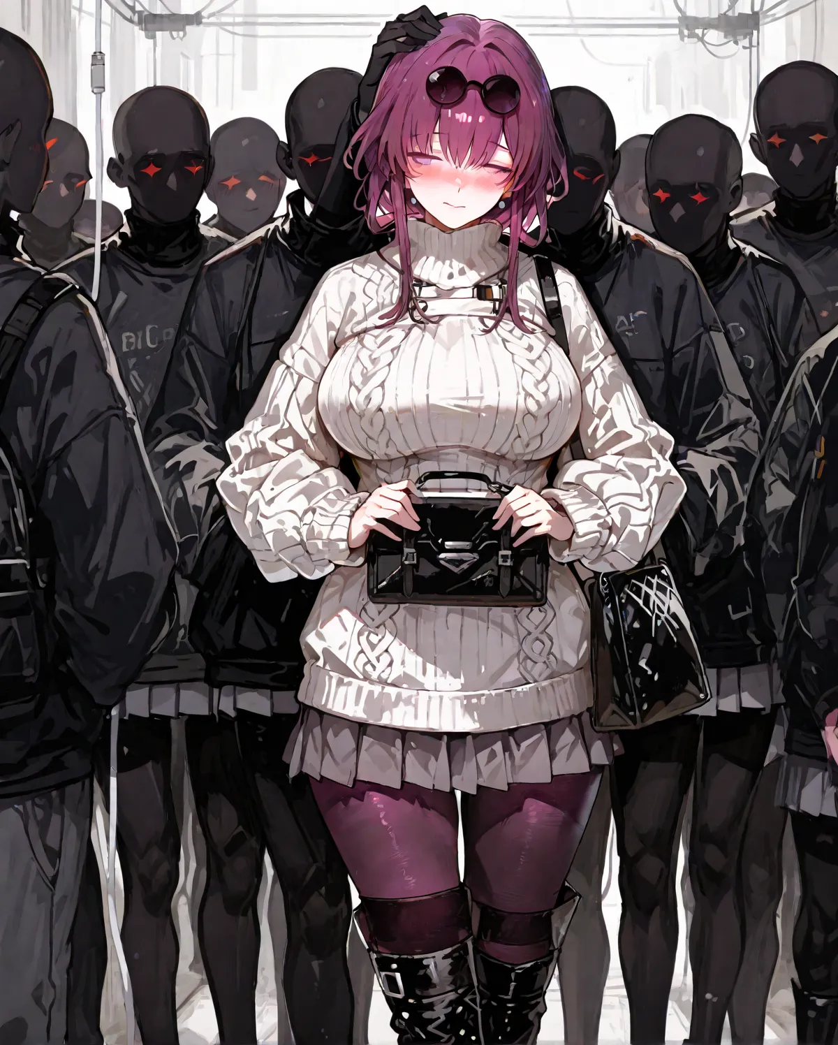 １people,  Kafka, Big Breasts, White cable knit sweater, grey pleated skirt, black tights, Black Knee High Boots, Standing, strok...