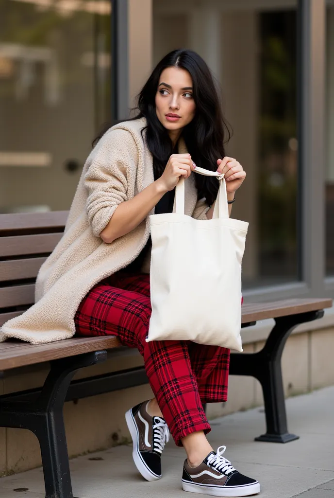 a beautiful skinny Russian woman with black hair, sitting on a bench wearing red plaid pants and (Vans® sneakers), holding one h...