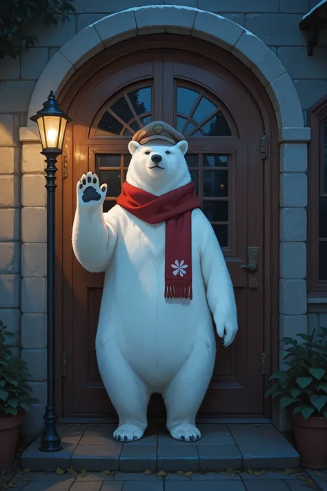 Setting: Outside a brightly lit film studio at night.
 Action: The polar bear walks out of the studio doors, waving back at the ...