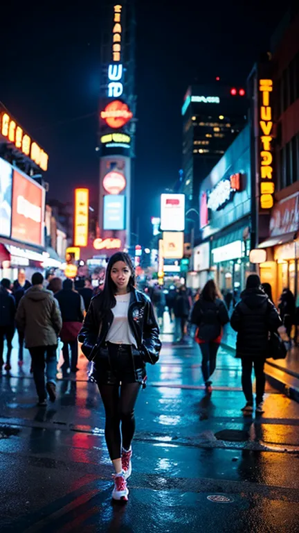 in the background, Shows a city full of neon decorations and holograms.., Create a unique atmosphere for the cyberpunk world..,w...