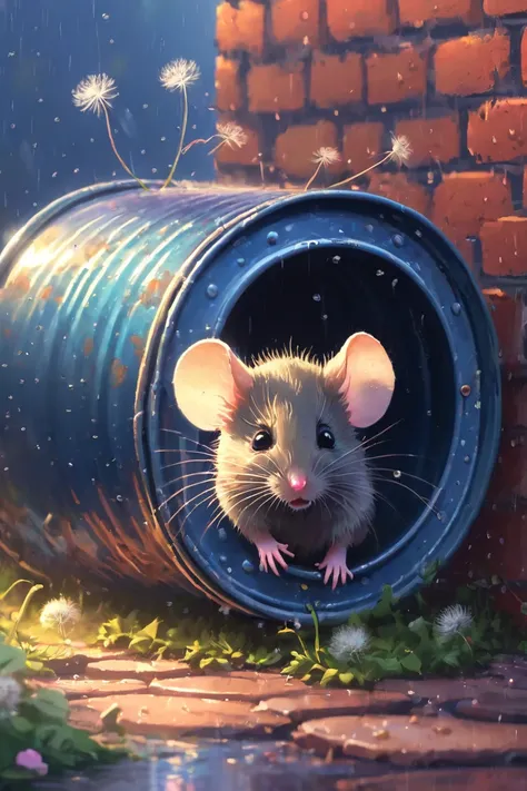 atmospheric.little mouse in a tin can under a dandelion,hiding from the rain...cute,sunrise,street,brick wall,airy,roses,colourf...