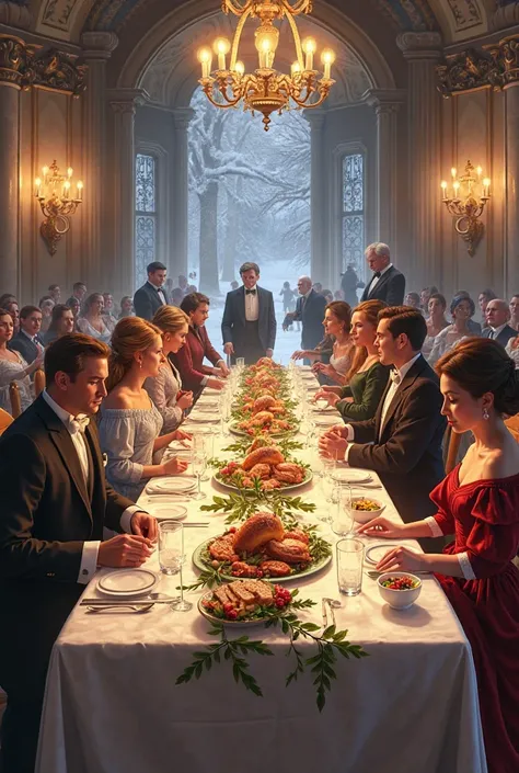 An image of the long table with white tablecloths,  silver cutlery, candles and holly, with a  several servants a man and a wom...