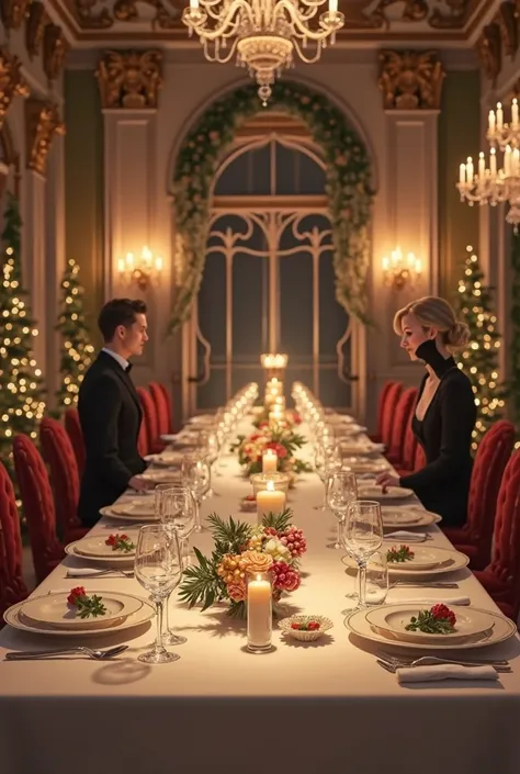  An image of the long table with white tablecloths,  silver cutlery, candles and holly, with a  servants a man and a woman sitti...