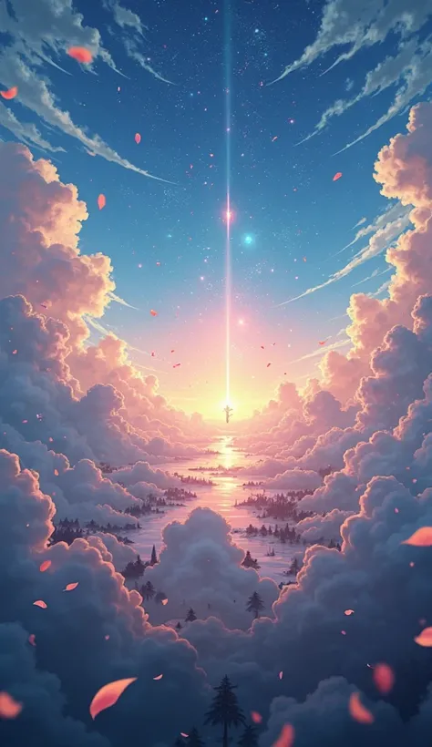 A cinematic 8K background of a glowing anime battlefield fading into calm skies, with the text: “Siga para mais batalhas épicas!...