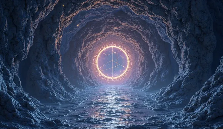 A deep cosmic cave with soft organic textures in dark blue and violet, faint golden geometric lines forming sacred patterns arou...
