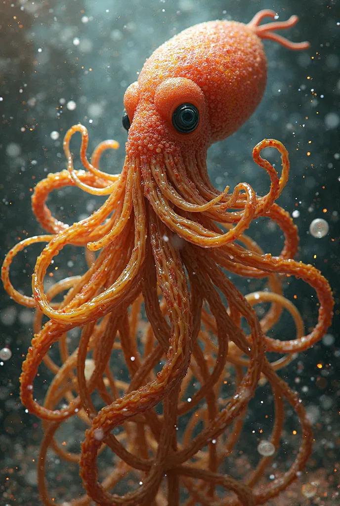 Create a fusion between a squid and a spaghetti, But let the squid's body be spaghetti, Like tentacles and mutation-style color