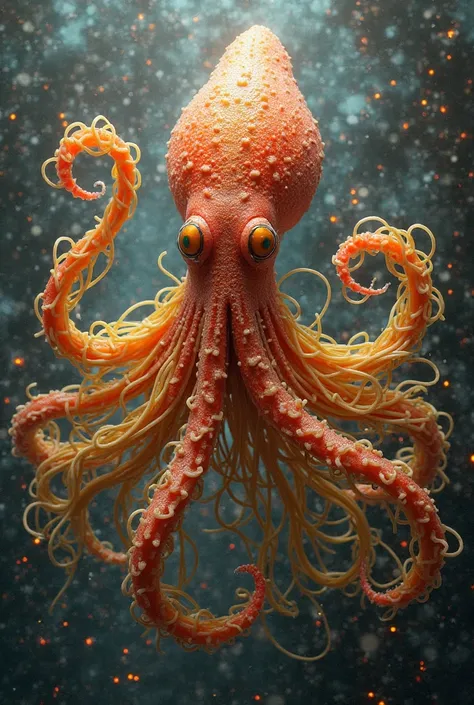 Create a fusion between a squid and a spaghetti, But let the squid's body be spaghetti, Like tentacles and mutation-style color