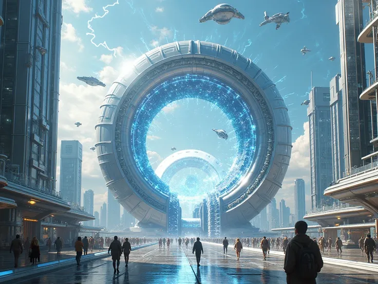 (((A futuristic cityscape with a giant teleportation portal at its center))), ((the massive portal glows with pulsating energy))...