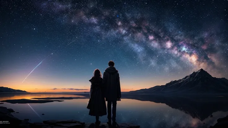 Depicts two men and women looking at the stars, sky full of stars, Milky Way, standing on a floating research platform in the mi...