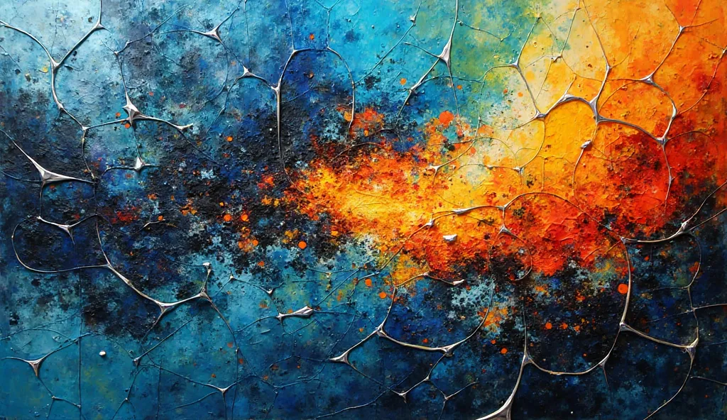 Dynamic abstract composition blending fluid, biomorphic shapes reminiscent of deep-sea life with sharp, crystalline geometric fr...