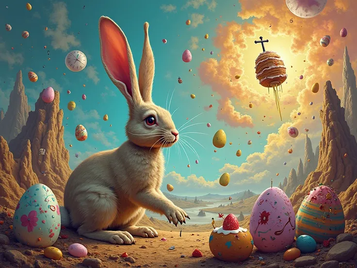 Create an Easter card.  in the style of Salvador Dali . Colored eggs, rabbit, Easter cake .  For musicians,  writers , journalis...