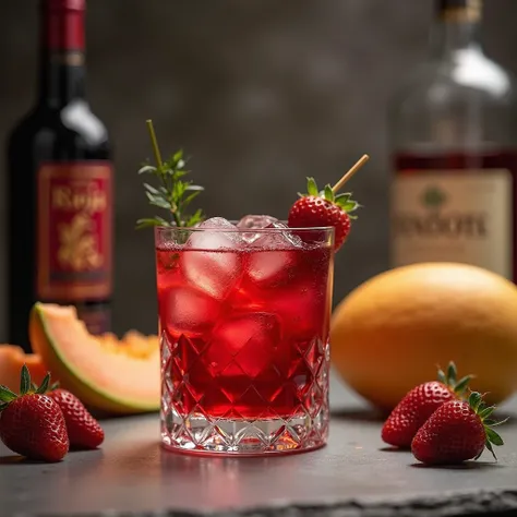Negra drink Rioja Reserva, vermouth, strawberry, drink made using Korean melons. All ingredients surround the drink made. 