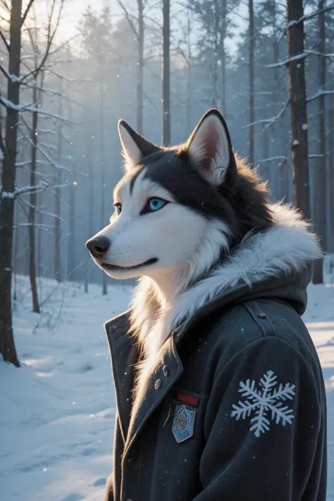 A Siberian husky standing in a snowy forest, frost clinging to its thick coat, piercing blue eyes, ethereal lighting and detaile...
