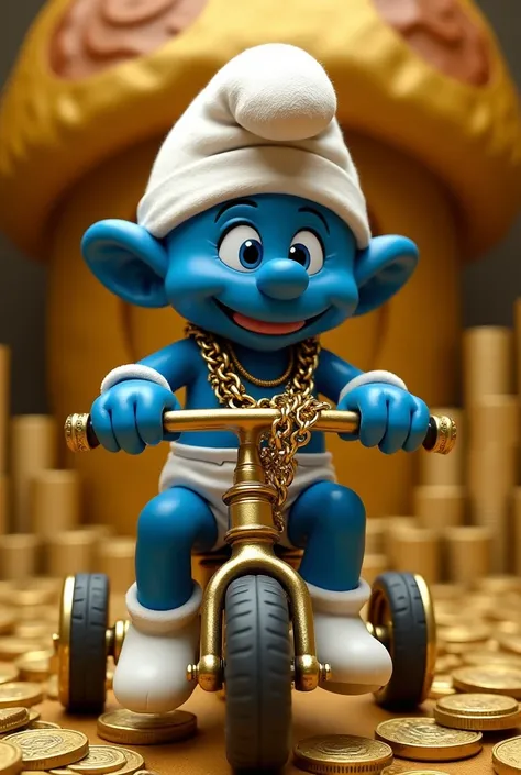 Smurf turned gangster, dripping gold chains and grillz, counting coins in golden mushroom house, baby blue tricycle with gold ri...