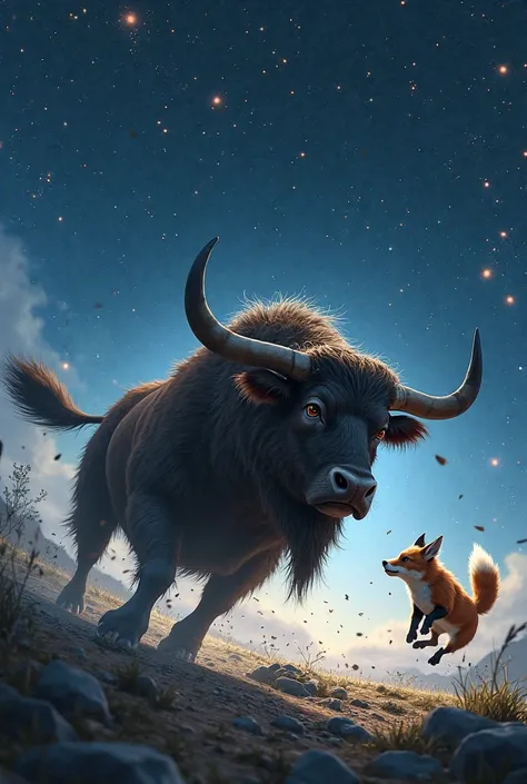 The ox charging with its horns toward the frightened fox, who leaps away in panic under a starry sky.