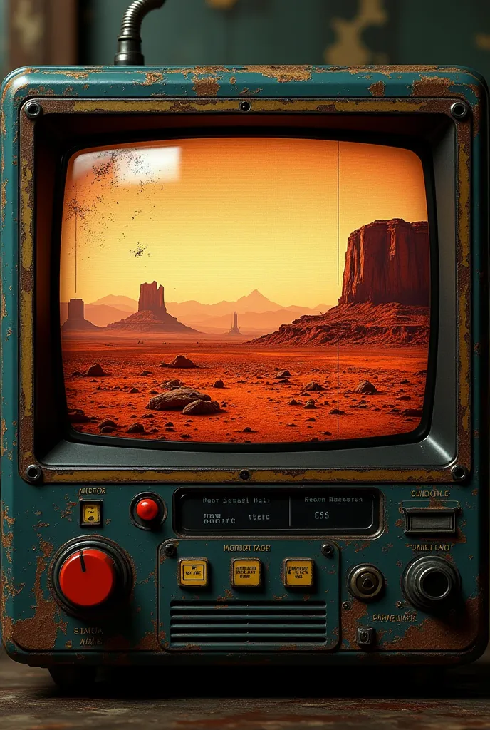 Design a retro-cyberpunk monitor interface reminiscent of Pip-Boy from Fallout 2. The monitor screen should depict a landscape o...