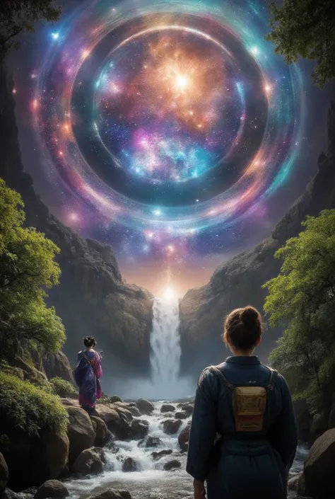 
A geisha and a samurai stand far away, observing a large circular structure that resembles a ring or a torus. Inside the struct...