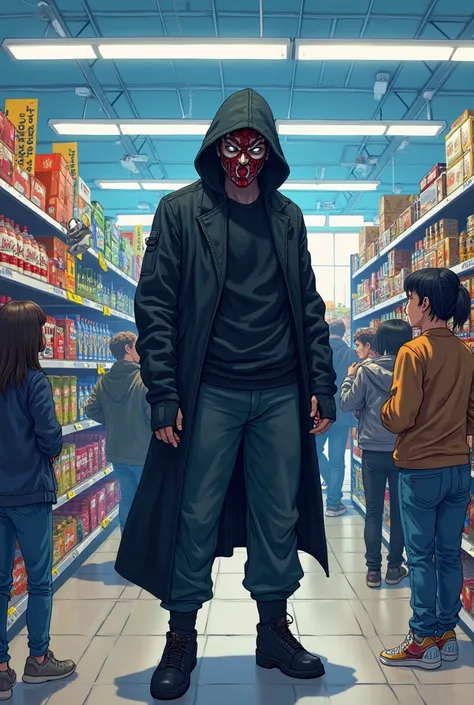 male character wearing bandit mask, walmart store, people around him shopping, anime style, cartoon