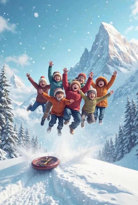 Family of 7 people with a  in the snow jumping off a huge mountain and a  rolling 