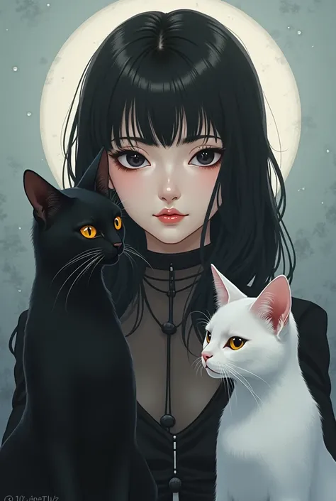 Black-haired anime woman, Smooth film , blanca, black eyes, With a black cat and a white cat

