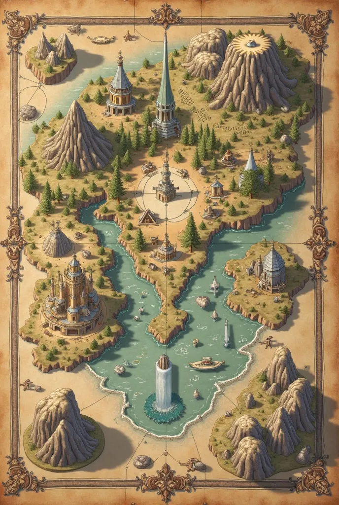 Make an old style map, fancy. parchment color. with different regions:
Region 1: Above left.
There are glaciers with a lake, a c...
