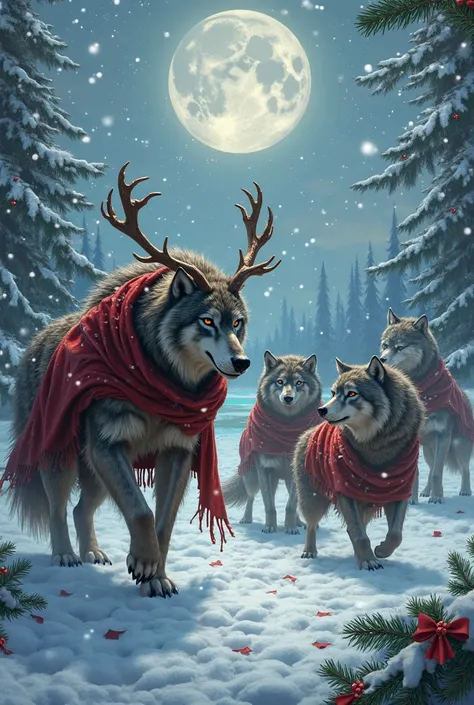 5 werewolves and 2 humanized wolves with Christmas theme