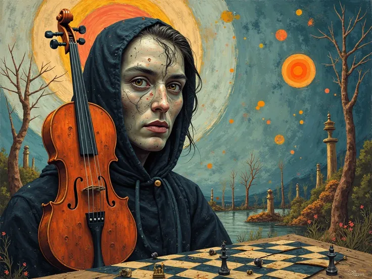 Generate an image with a dadaism style showing the representation of a self-portrait with the violin and chess as the main theme...
