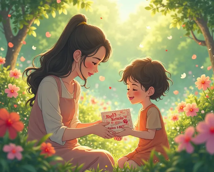 A mother in a flower garden receiving a handmade birthday card from her , Studio Ghibli art style, whimsical nature, soft glowin...