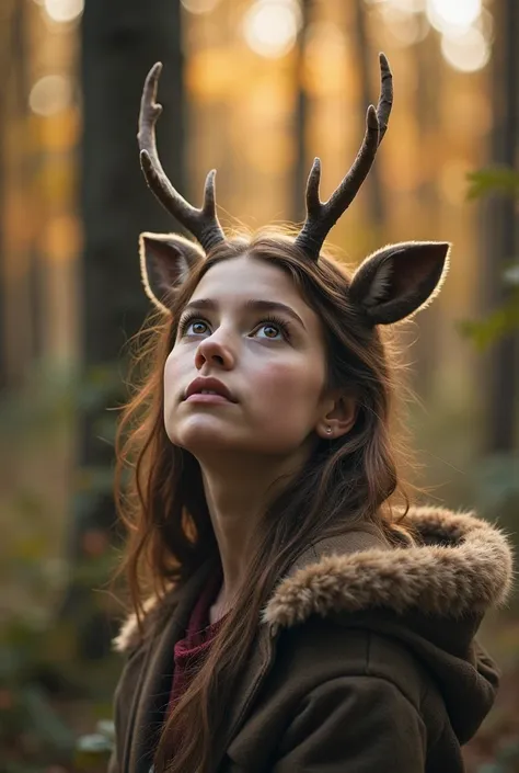 Portrait of a girl of approximately s of age. She has deer ears but without antlers. She has a light face, looking up with a sof...