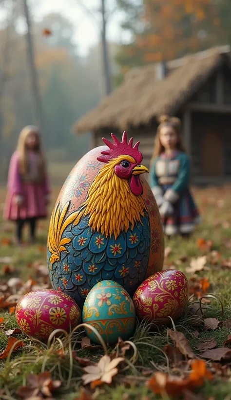 Fantasy beautiful egg Easter egg big in Slavic patterns on the egg you can see Slavic cockerel with eyes and beak looks like it ...