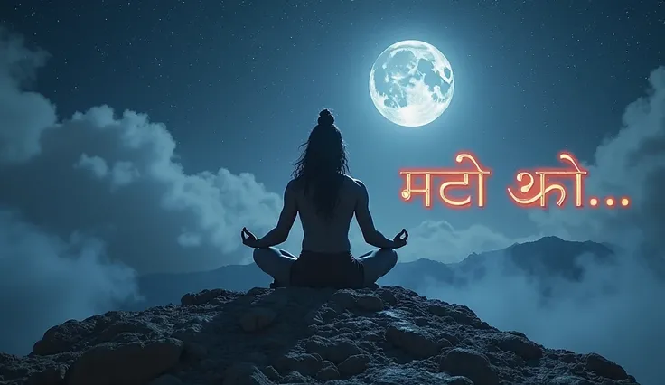 Cinematic shot of Lord Shiva meditating on Mount Kailash under moonlight with stars twinkling, text overlay: "एक ऐसा रहस्य..." i...