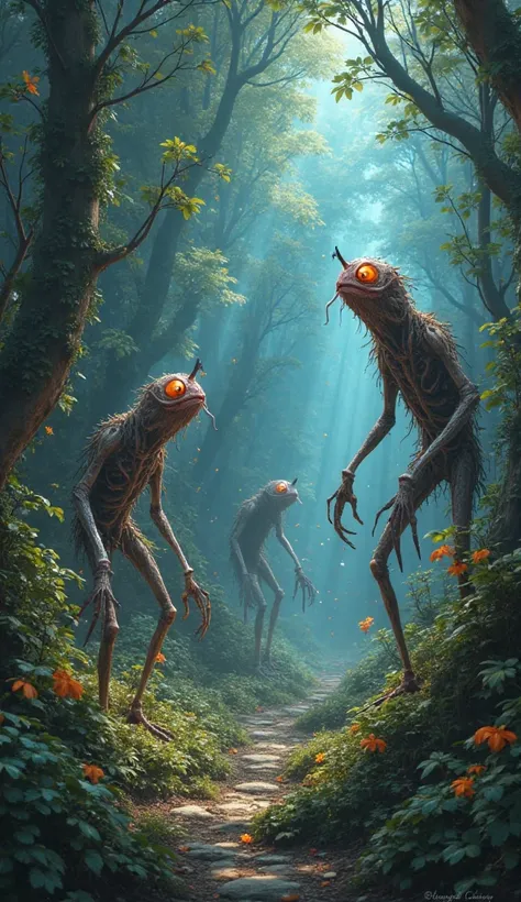 Mysterious and deformed creatures in a beautiful and magical forest, with distorted lights  (blue and orange) leve