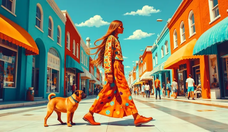 illustration,   fashion illustration,  Style David Downtown,  acrylic, a girl with long hair, hippie cloths, walking in the stre...
