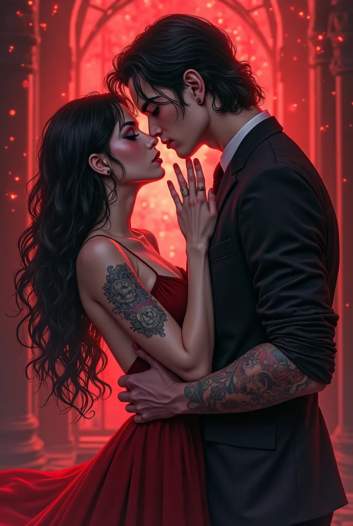 generate couple art in full body, in anime color art style, The female Carmen will be in the male Damon lap and the female Carme...