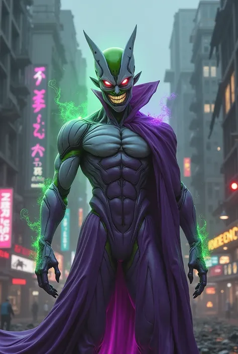 "Ultra-detailed cinematic 3D render of a villainous hybrid character combining Frieza and the Joker, standing in the middle of a...