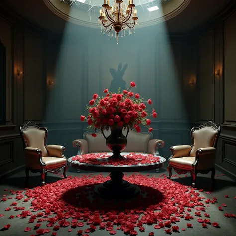 Luxury salon of a destroyed and abandoned house, with a LARGE VASE ON THE TABLE of DEAD ROSES in the spotlight , luxury chandeli...