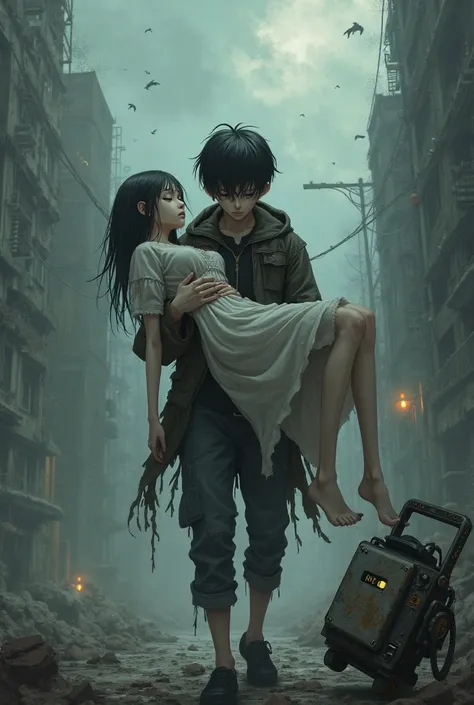 Generate me forsaken boy carrying a girl with doombox as anime