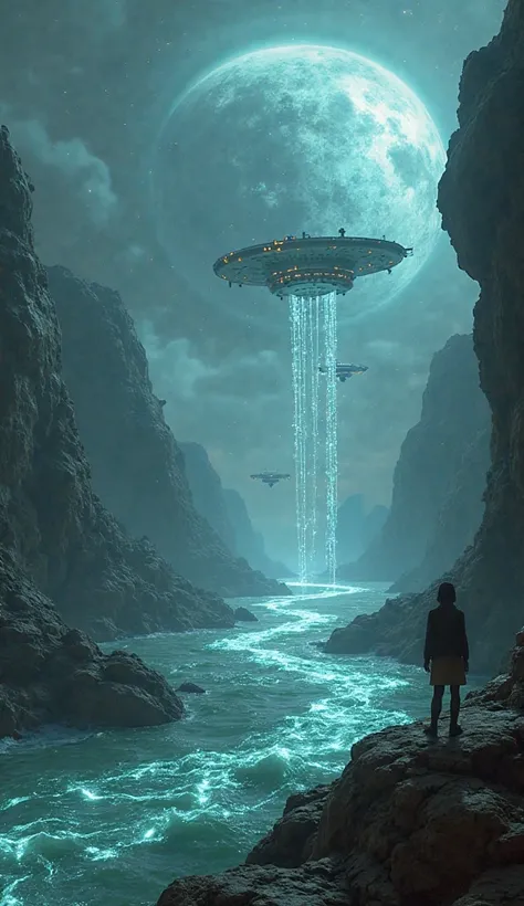 "A planet being seeded with life by alien, probes leaving traces of glowing DNA in primitive oceans while interdimensional obser...