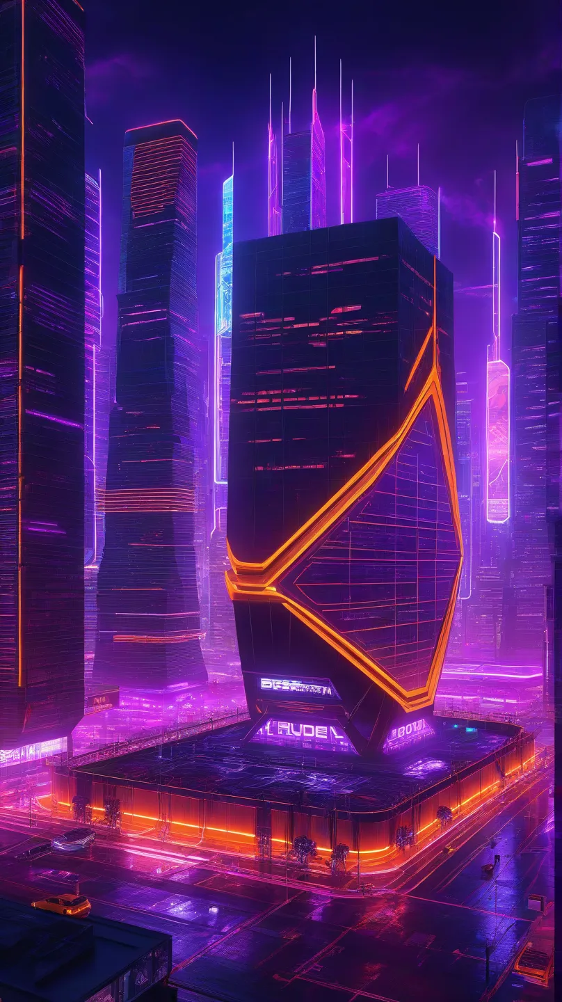 A pulsating cyber-stadium roars in a neon city, glowing purple stands hum, electric orange drones blaze, hyper-detailed, cinemat...