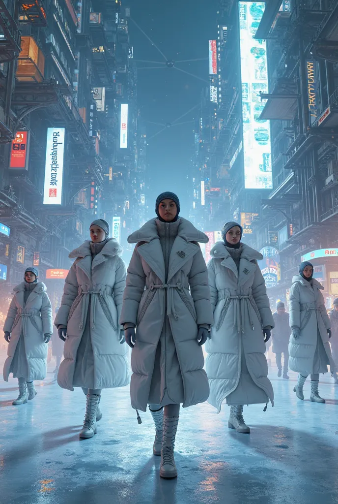 poster in the future year 2070 for brand advertising their womens winter collection making me feel like I'm actually in the futu...